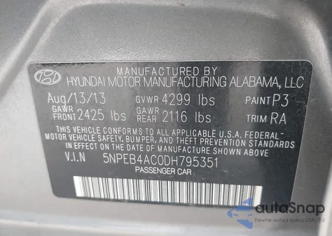 2013 Hyundai Sonata Gls z USA, uszkodzony, nr VIN 5NPEB4AC0DH795351